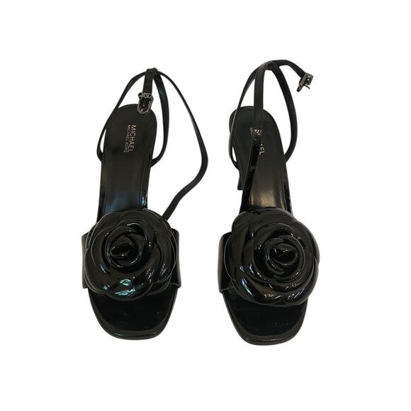NIB Michel Kors Elodie Patent Leather Flower Heel Black 8.5M - Picture 4 of 10